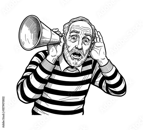 Elderly white man listening intently with a megaphone and cupped ear showing a surprised expression detailed black and white illustration