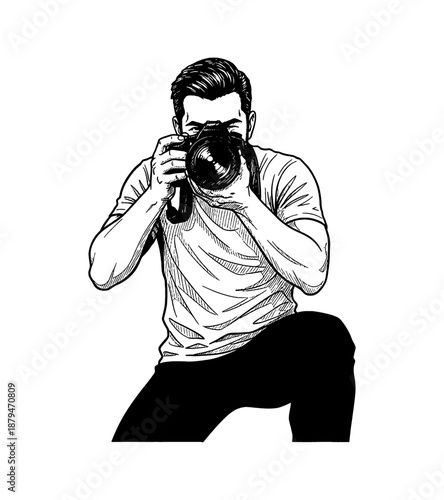 Focused Male Photographer Taking Picture in Crouching Pose Black and White Vector Illustration