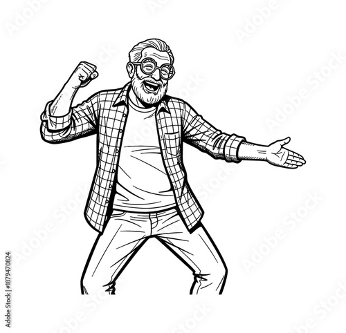 Smiling excited older Caucasian man cheering with a raised fist and welcoming open arm gesture wearing glasses