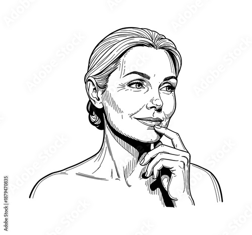 Mature woman thinking with finger on lip looking away detailed black and white line art drawing