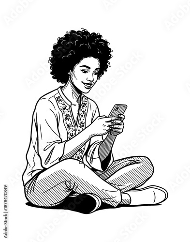 Happy African American Woman Sitting Cross Legged Smiling and Engaged While Using a Smartphone