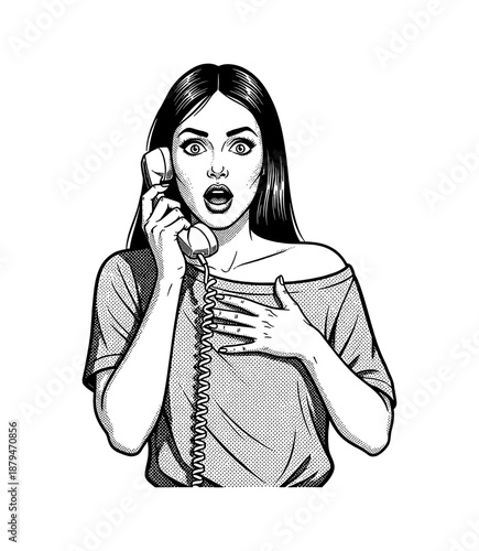 A surprised woman answers a phone call with a shocked expression and her hand on her chest in a pop art illustration