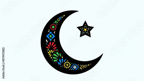 Islamic Crescent Moon and Star Symbol with Colorful Patterns on Light Blue Background