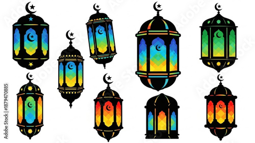 Colorful Lanterns with Crescent Moon Tops on White Background