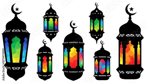 Colorful Ramadan Lanterns with Crescent Moon on White Background