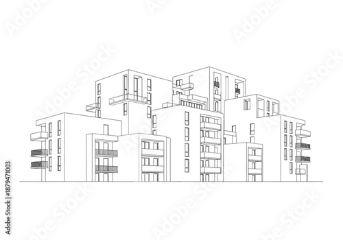Modern Apartment Complex Line Art Illustration with Balconies and Clean Design