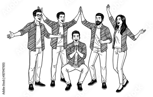 Joyful group of diverse young adults celebrating together with smiles high fives and open arms in vector illustration