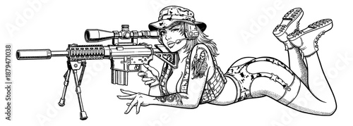 Attractive Woman in Camouflage Outfit Posing with a Sniper Rifle Aiming Confidently in Pinup Style Illustration