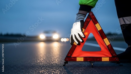 Person's Gloved Hand Placing a Red Warning Triangle on a Roadside at Night with Car Headlights