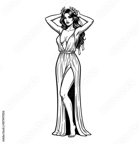 Elegant Caucasian Woman Posing in Flowing Gown with Laurel Wreath Confident and Alluring Pinup Style Artwork