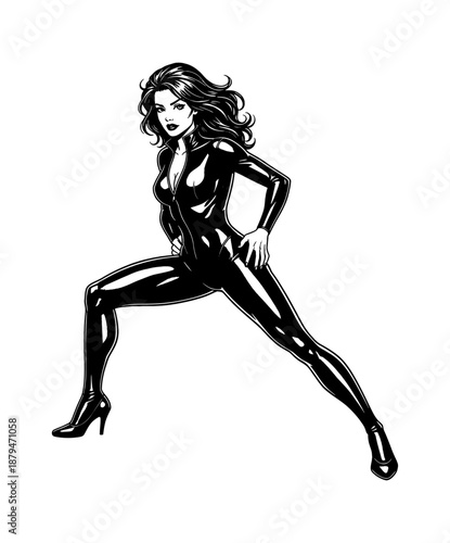 Confident woman in shiny black catsuit and high heels striking a powerful alluring pinup pose