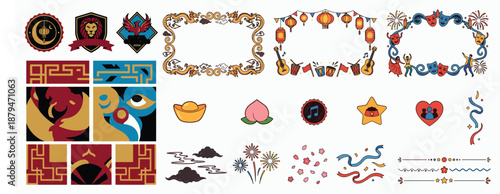 Chinese New Year Festival Vector Set with Decorative Frames, Lantern Garlands, Cultural Badges, Fireworks, Clouds, Coins and Traditional Symbols