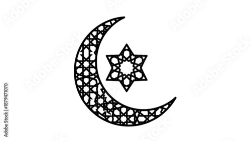 Crescent Moon with Islamic Star Pattern Isolated on White Background
