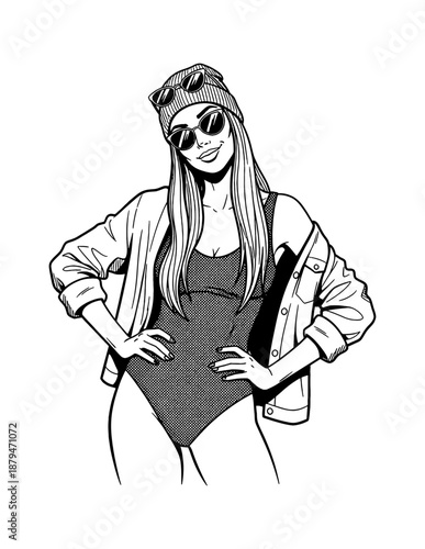 Stylish young woman smiling confidently posing in swimsuit jacket beanie sunglasses with hands on hips