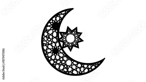 Black Crescent Moon with Star Islamic Geometric Pattern on White