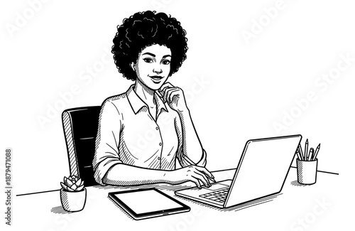 Confident African American Woman Happily Working on Laptop at Office Desk Engaged and Smiling Professionally