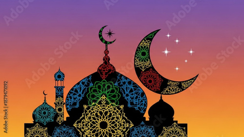 Islamic Mosque Silhouette with Crescent Moon at Sunset
