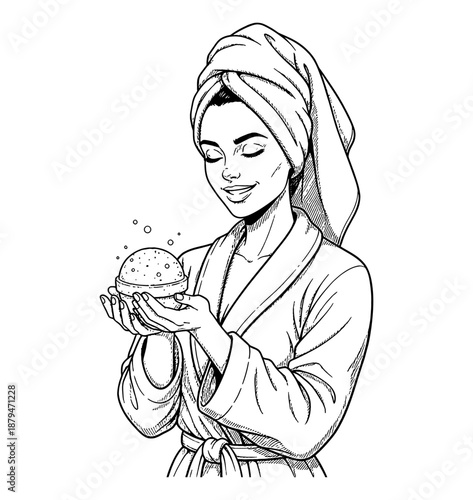 Young woman happily smiling with eyes closed holding a bath bomb wearing a bathrobe and a head towel