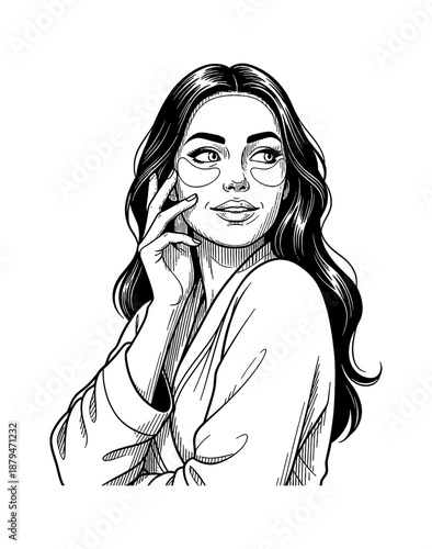 Young Woman With Long Hair Smiling Casually Applying Under Eye Patches Looking Sideways Beauty Routine