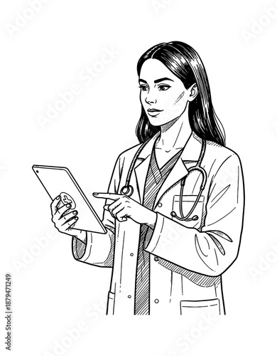 Professional female doctor focused using tablet technology in a lab coat with stethoscope black and white drawing