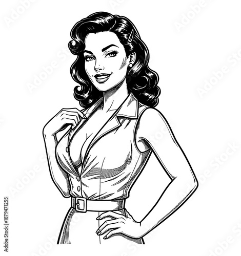 Smiling Confident Pinup Woman Posing Hand on Chest and Hip in Vintage Black White Comic Style Illustration