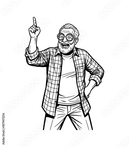 Happy Caucasian bearded man with round glasses pointing finger up cheerfully wearing plaid shirt