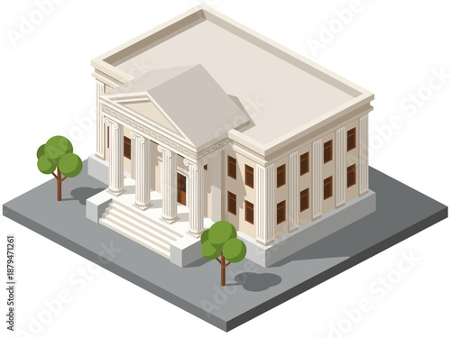 An isometric view of a classical building featuring a grand portico with white columns, a triangular pediment, and symmetrical windows, flanked by stylized trees on a grey base to represent a bank