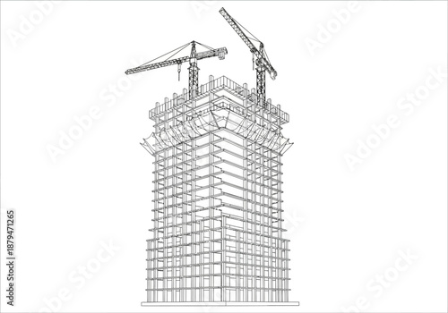 Skyscraper Construction Outline with Cranes, Steel Framework, and Safety Netting