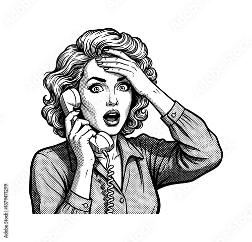 Shocked Woman on Vintage Phone with Hand on Forehead Retro Pop Art Illustration