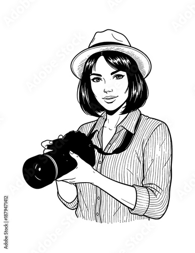 Confident woman photographer with a hat holding a professional camera ready to shoot in black and white illustration