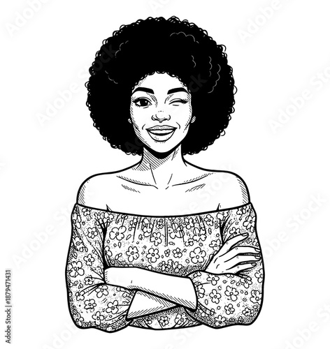 Happy Black woman with an afro winking and smiling confidently with arms crossed wearing a floral off shoulder top