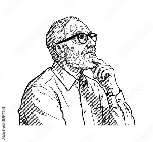 Senior Caucasian Man Pondering Deeply with Hand on Chin Wearing Glasses in Black White Line Art