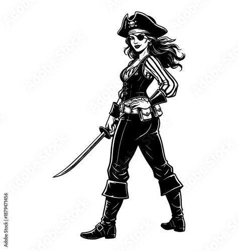 Confident smiling pirate woman holding a sword with an eyepatch and hat dressed in full costume black and white illustration