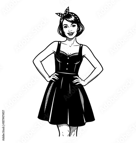 Smiling happy confident woman posing hands on hips wearing a black dress and polka dot headband classic pinup style