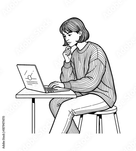 Thoughtful Woman Concentrating on Laptop at Desk in Minimalist Black and White Line Art Illustration