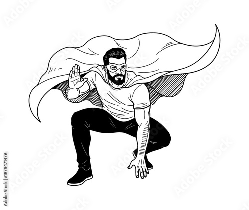 Bearded male superhero wearing a mask and cape crouching in a powerful dynamic pose with a serious determined expression
