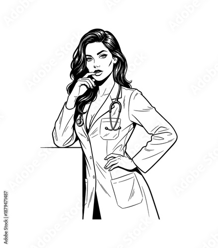 Confident Female Doctor Posing Alluringly in Lab Coat with Stethoscope Black and White Line Art Illustration