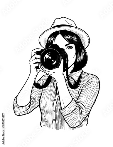 Focused woman photographer taking pictures with her camera wearing a stylish hat and striped shirt
