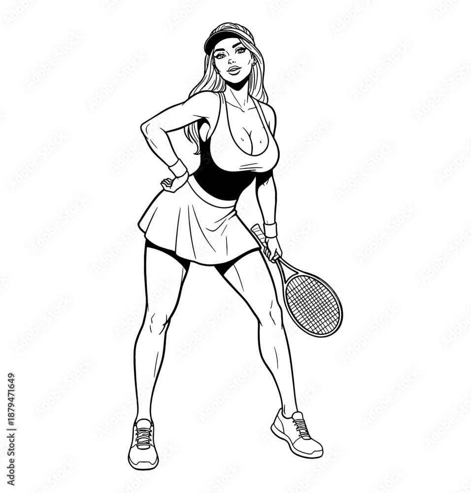 Naklejka premium Confident Caucasian woman tennis player posing with racket wearing sportswear a pinup style illustration