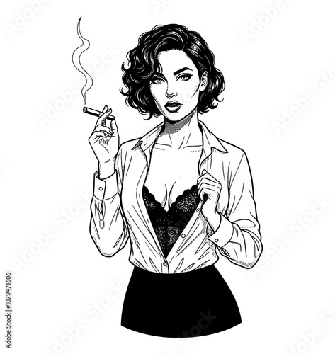 Alluring Woman with Short Curly Hair Holding a Smoking Cigarette and Revealing a Lace Bra Black and White Pinup Style