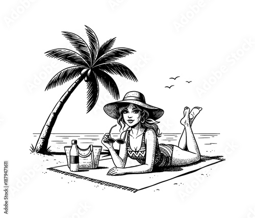 Smiling pinup woman relaxing on a beach towel wearing a hat and swimsuit under a palm tree