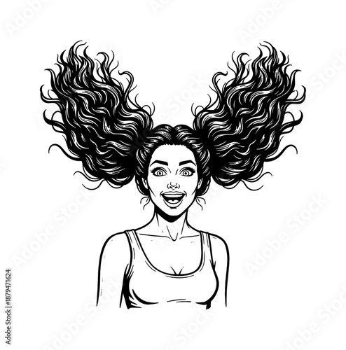 Surprised excited woman with big curly hair in two pigtails and a tank top pop art illustration