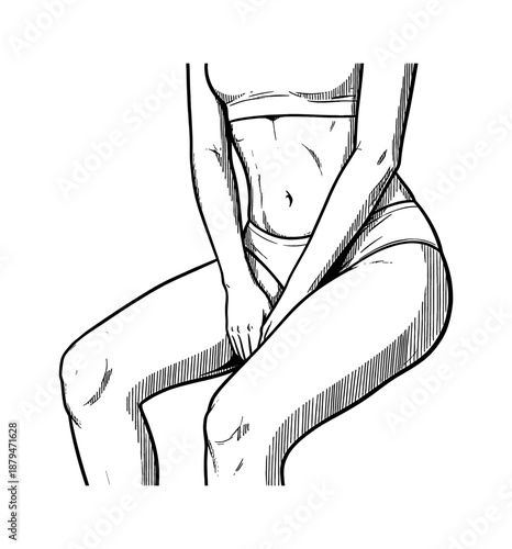 Sexy Woman Posing in Underwear with Hands Clasped Between Thighs Detailed Black White Line Art Pinup Drawing