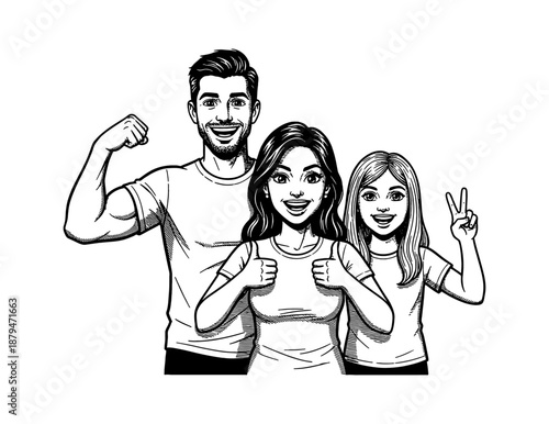 Smiling family portrait featuring a strong man a happy woman giving thumbs up and a joyful girl showing peace sign