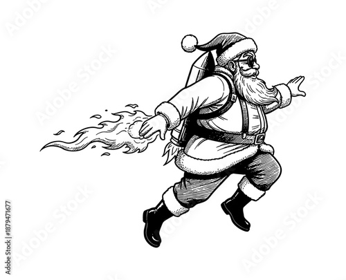 Caucasian Santa Claus Flying with a Jetpack Energetically in a Dynamic Black and White Illustration