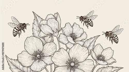 Vintage Floral Botanical Illustration with Bees in Antique Line Art Style