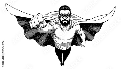 Powerful bearded superhero man flying forward with a determined expression extending his fist a dynamic comic art style