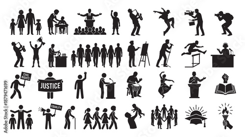 People Activity Silhouette Vector Set Featuring Family, Education, Music, Sports, Media, Science, Social Justice and Daily Life Scenes