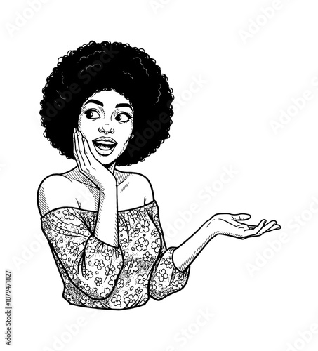 Amazed African American woman with afro hairstyle expressing wonder and gesturing with open hand in floral top