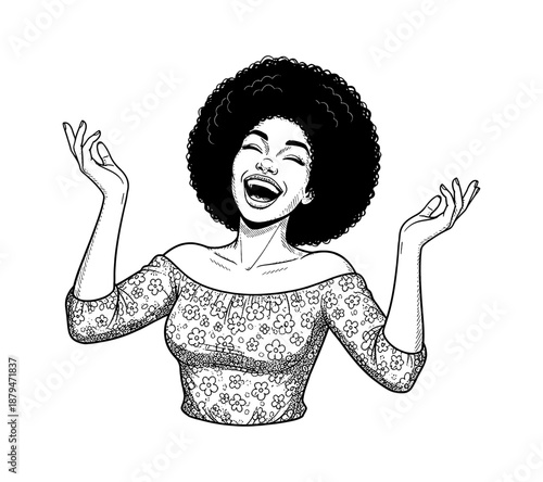 African American Woman Laughing Joyfully with Raised Hands Wearing Off Shoulder Floral Top in Vector Illustration